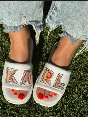 Karl Lagerfeld White Slide Sandals with Multicolor Beaded KARL Patch